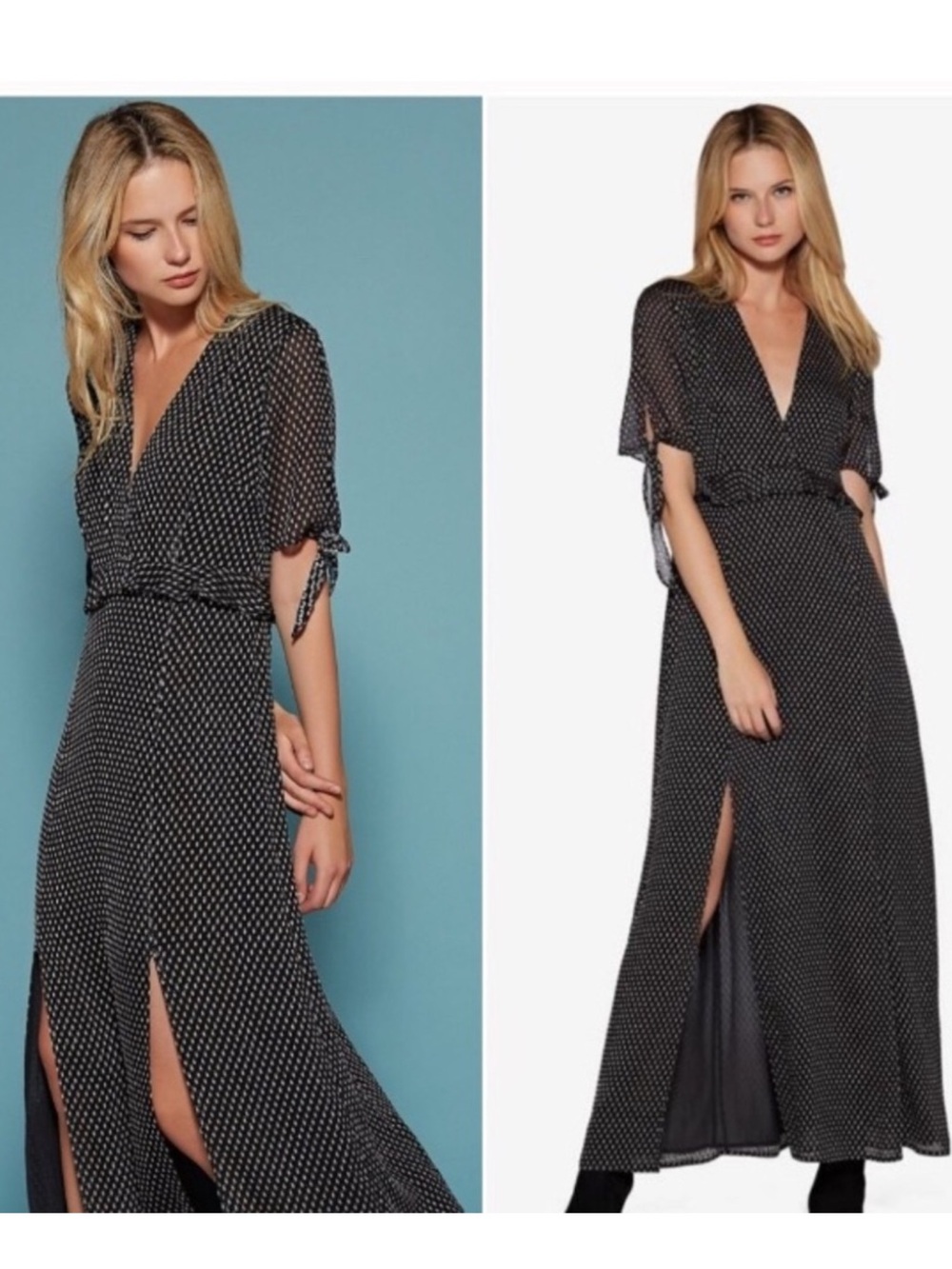 Avec Les Filles La Joie Metallic Polka Dot Maxi Dress Front Slits Sleeve Ties 12